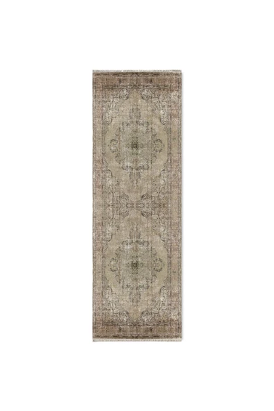 Pastel Home Bej Vizon Kahve Vintage Göbekli Şönil Halı Kilim Yolluk Yıkanabilir Kaymaz Saçaklı - Resim 6