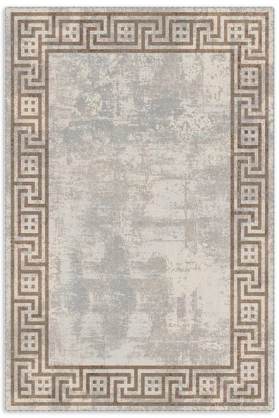 Pastel Home Kahverengi Çerçeveli Vizon Gri Şönil Halı Kilim Yolluk Yıkanabilir Kaymaz Saçaklı Mutfak Koridor