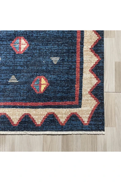 Pastel Home Vintage Lacivert Anadolu Kilim Şönil Halı Yolluk Kaymaz Saçaklı Yıkanabilir Oturma Odası Mutfak - 2