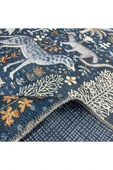 Pastel Home Tasarım Çift Taraflı Yıkanabilir Şönil Halı Kilim Yolluk Doğa Ve Orman Temalı Mavi Lacivert Eskitme - 11