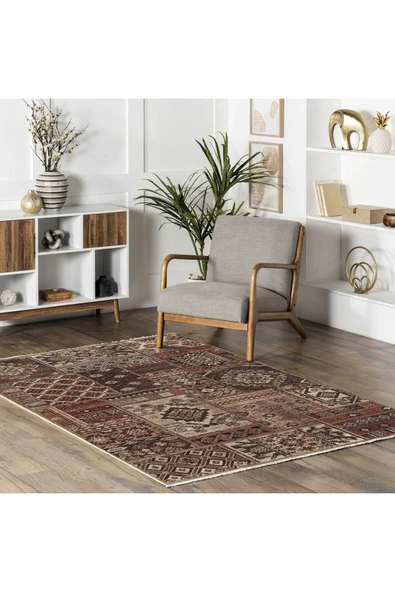 Pastel Home Kahverengi Patchwork Şönil Halı Kilim Yolluk Kaymaz Saçaklı Yıkanabilir Salon Mutfak Kordior - Resim 5