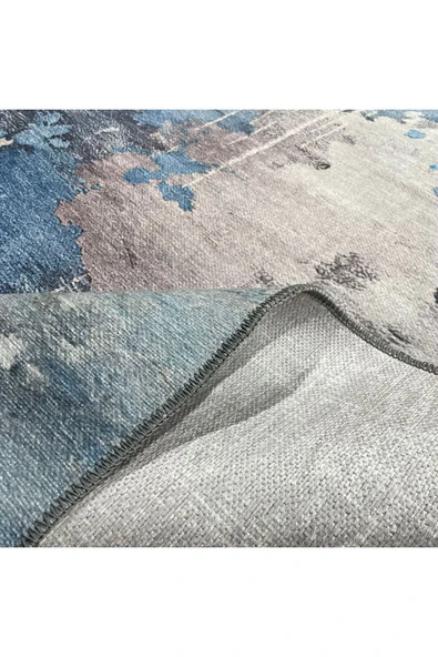 Pastel Home Tasarım Çift Taraflı Yıkanabilir Şönil Halı Kilim Yolluk Abstract Mavi Gri - 7