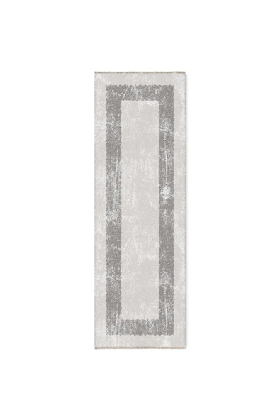 Pastel Home Gri Çerçeveli Eskitme Şönil Halı Kilim Yolluk Kaymaz Yıkanabilir Mutfak Koridor Oturma Odası Yatak - 6
