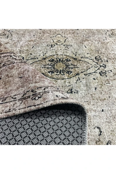 Pastel Home Bej Vizon Kahve Vintage Göbekli Şönil Halı Kilim Yolluk Yıkanabilir Kaymaz Saçaklı - Resim 12