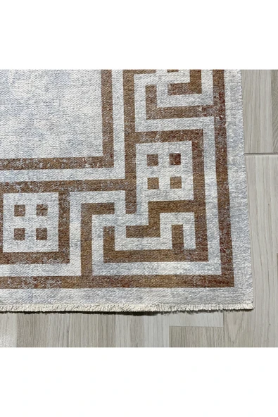 Pastel Home Kahverengi Çerçeveli Vizon Gri Şönil Halı Kilim Yolluk Yıkanabilir Kaymaz Saçaklı Mutfak Koridor - 2