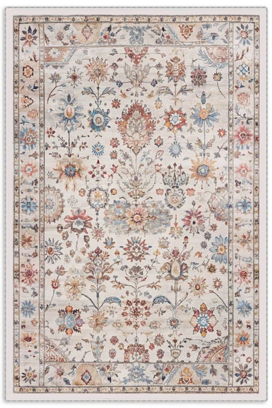 Pastel Home Tasarım Çift Taraflı Yıkanabilir Şönil Halı Kilim Yolluk Çiçek Motifli Bej Krem Renkli - 8