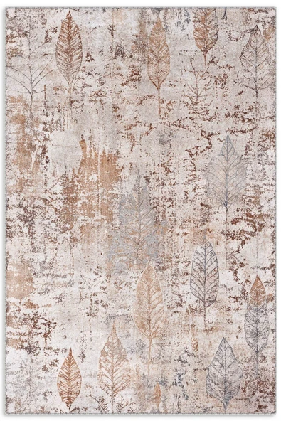 Pastel Home Tasarım Çift Taraflı Yıkanabilir Şönil Halı Kilim Yolluk Vizon Kahve Yaprak Desenli - 9