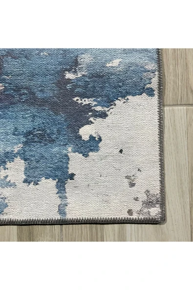Pastel Home Tasarım Çift Taraflı Yıkanabilir Şönil Halı Kilim Yolluk Abstract Mavi Gri - 5