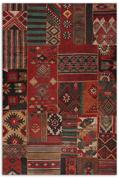 Pastel Home Kırmızı Patchwork Anadolu Kilim Şönil Halı Yolluk Kaymaz Yıkanabilir Saçaklı Salon Koridor Mutfak - 9