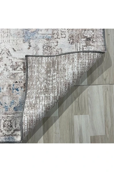 Pastel Home Tasarım Çift Taraflı Yıkanabilir Şönil Halı Kilim Yolluk Çerçeveli Eskitme Bej Mavi - 2