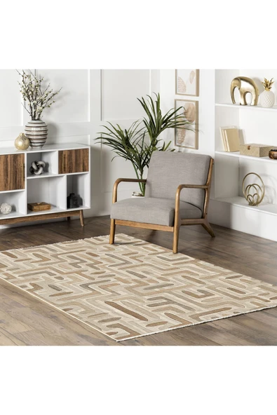 Pastel Home Tasarım Çift Taraflı Yıkanabilir Şönil Halı Kilim Yolluk Bej Kahve Toprak Tonlarında Geometrik - 14