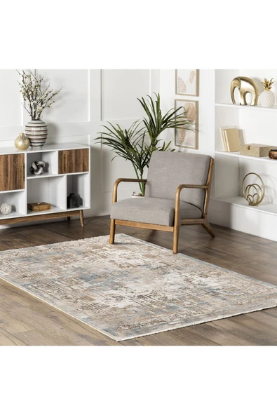 Pastel Home Tasarım Çift Taraflı Yıkanabilir Şönil Halı Kilim Yolluk Çerçeveli Eskitme Bej Mavi - 6
