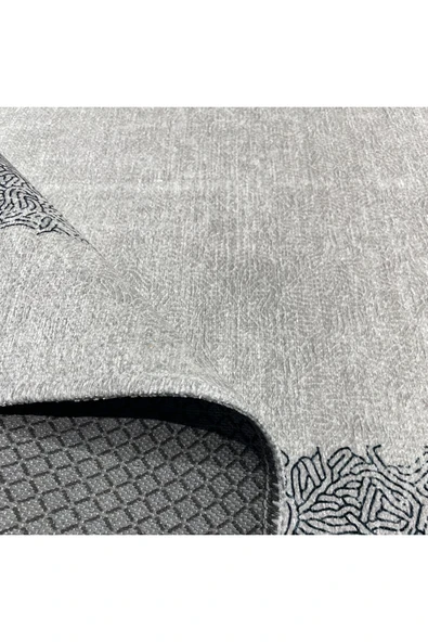 Pastel Home Gri Çerçeveli Eskitme Şönil Halı Kilim Yolluk Kaymaz Yıkanabilir Mutfak Koridor Oturma Odası Yatak - 4
