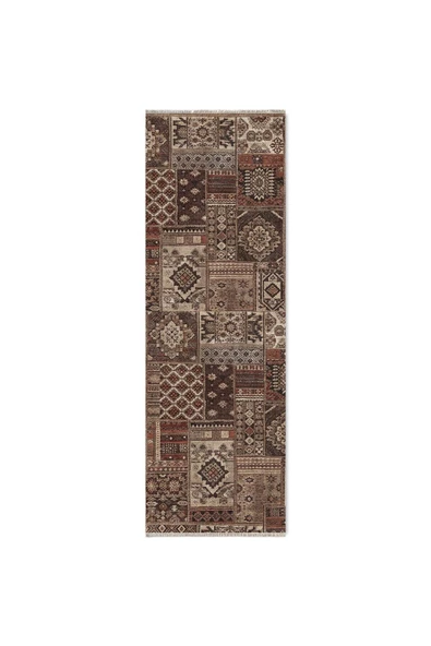 Pastel Home Kahverengi Patchwork Şönil Halı Kilim Yolluk Kaymaz Saçaklı Yıkanabilir Salon Mutfak Kordior - Resim 6