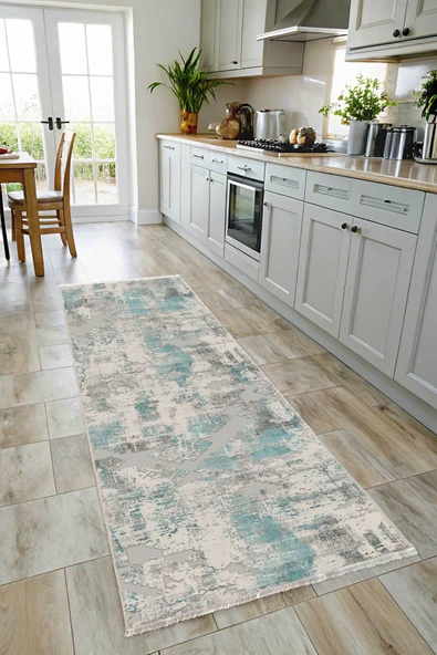Pastel Home Etnik Turkuaz Gri Şönil Halı Kilim Yolluk Kaymaz Yıkanabilir Kendinden Saçaklı Mutfak Koridor Salon - Resim 7