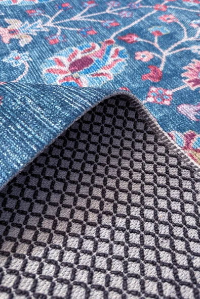 Pastel Home Eskitme mavi etnik desenli şönil kendinden saçaklı halı kilim yolluk yıkanabilir kaymaz taban - Resim 11