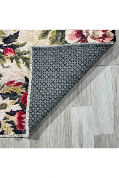 Pastel Home Etnik Çiçekli Karabağ Desenli Şönil Halı Kilim Kaymaz Pamuk Taban Kendinden Saçaklı Yıkanabilir - 3