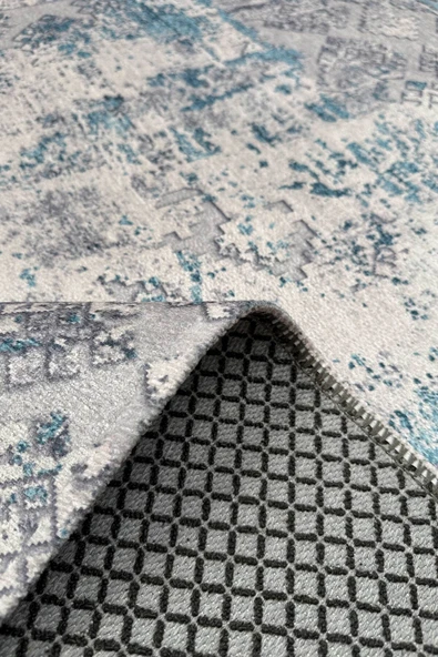 Pastel Home Etnik Turkuaz Gri Şönil Halı Kilim Yolluk Kaymaz Yıkanabilir Kendinden Saçaklı Mutfak Koridor Salon - Resim 5