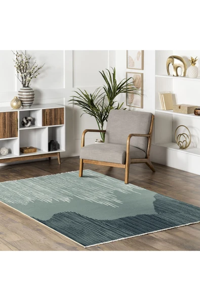 Pastel Home Yeşil saçaklı şönil pamuk dekoratif halı kilim - 13