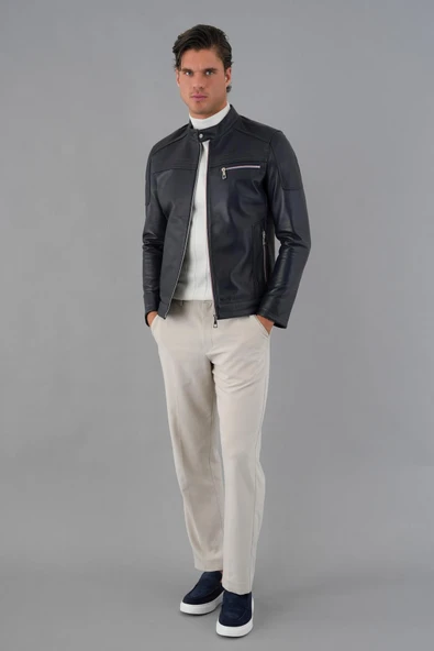 Tyler Lacivert Erkek Deri Mont - 6