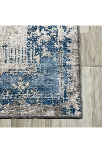 Pastel Home Tasarım Çift Taraflı Yıkanabilir Şönil Halı Kilim Yolluk Eskitme Çerçeveli Mavi - 11
