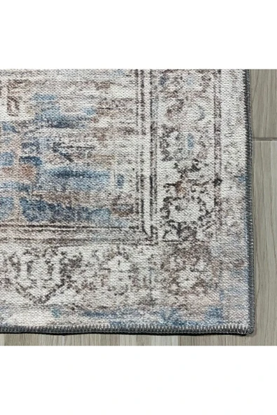 Pastel Home Tasarım Çift Taraflı Yıkanabilir Şönil Halı Kilim Yolluk Çerçeveli Eskitme Bej Mavi - 3