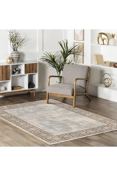 Pastel Home Kahverengi Çerçeveli Vizon Gri Şönil Halı Kilim Yolluk Yıkanabilir Kaymaz Saçaklı Mutfak Koridor - 5