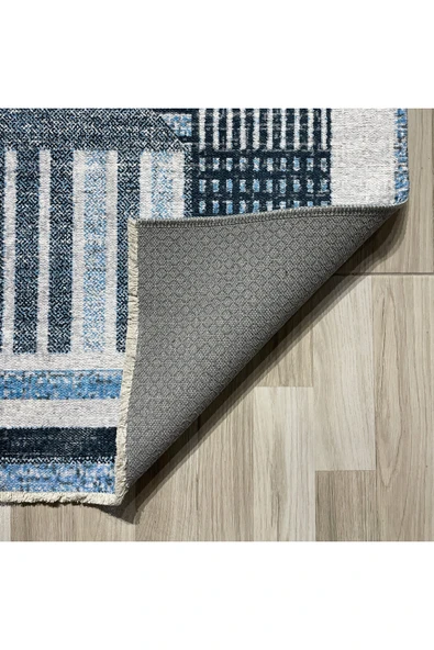 Pastel Home Modern Geometrik Şönil Halı Kilim Yolluk Mavi Gri Siyah Kaymaz Taban Yıkanabilir Saçaklı - Resim 3