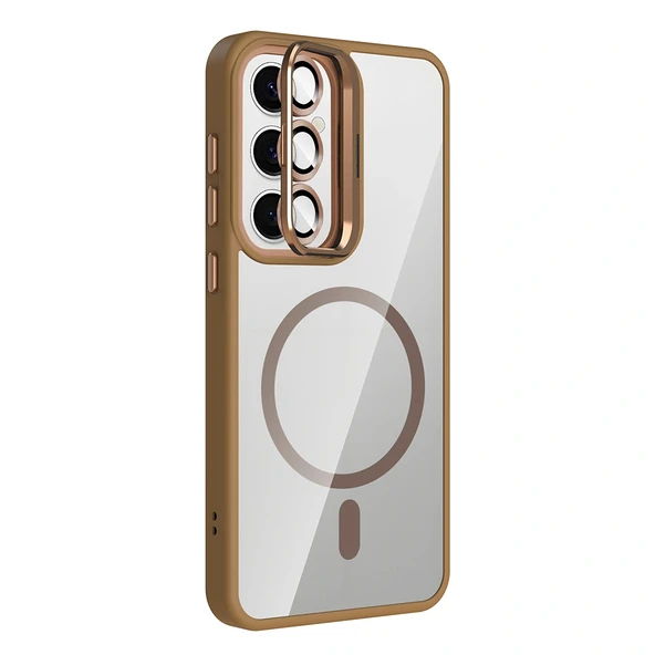 Galaxy S24 Kılıf Standlı ve Kamera Lens Hediyeli M-Safe Şarj Özellikli Zore Etro Kapak - Resim 4