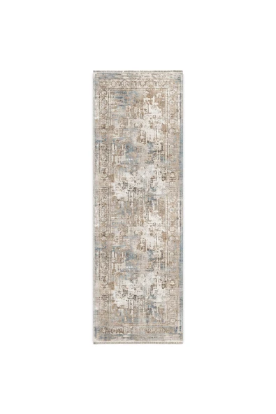 Pastel Home Tasarım Çift Taraflı Yıkanabilir Şönil Halı Kilim Yolluk Çerçeveli Eskitme Bej Mavi - 7