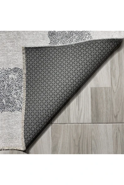 Pastel Home Gri Çerçeveli Eskitme Şönil Halı Kilim Yolluk Kaymaz Yıkanabilir Mutfak Koridor Oturma Odası Yatak - 3