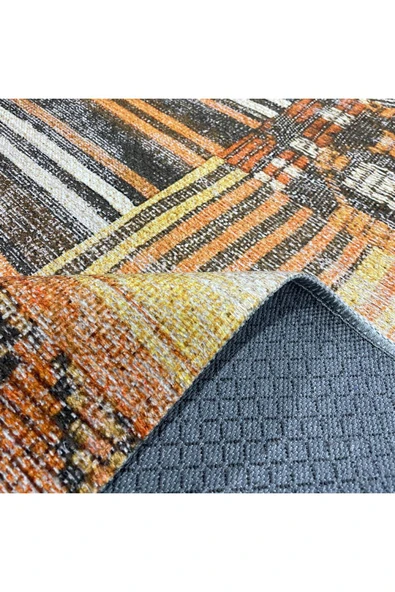 Pastel Home Turuncu Patchwork Şönil Halı Kilim Yolluk Kaymaz Yıkanabilir Saçaklı Salon Koridor Mutfak - 4