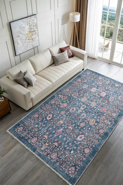Pastel Home Eskitme mavi etnik desenli şönil kendinden saçaklı halı kilim yolluk yıkanabilir kaymaz taban - Resim 2