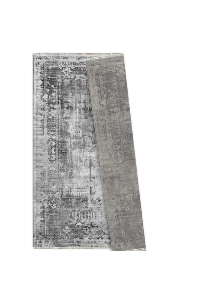 Pastel Home Tasarım Çift Taraflı Yıkanabilir Eskitme Şönil Halı Kilim Yolluk Gri Vintage Çerçeveli - 2