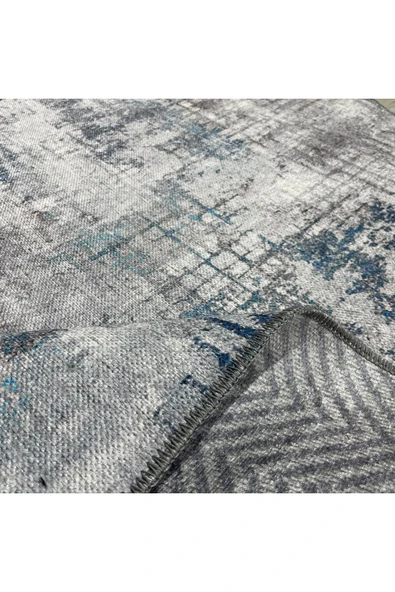 Pastel Home Tasarım Çift Taraflı Yıkanabilir Şönil Halı Kilim Yolluk Gri Turkuaz Mavi Lacivert Abstract - 5