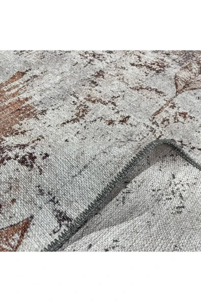 Pastel Home Tasarım Çift Taraflı Yıkanabilir Şönil Halı Kilim Yolluk Vizon Kahve Yaprak Desenli - 4