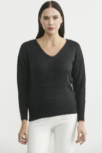 Yumoş V Yaka Basic Triko Kazak - Siyah ürün görseli