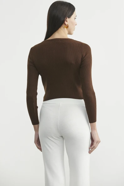 Fitilli Crop Triko Kazak - Kahve - Resim 5