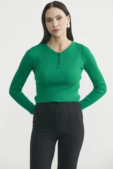 Fitilli Crop Triko Kazak - Benetton Yeşil ürün görseli 1