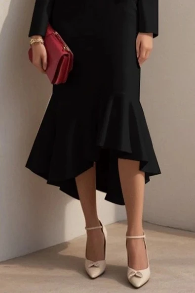 MDB Kadın Uzun Kollu Yakalı Belden Oturtmalı Midi Ithal Krep Elbise - Resim 3