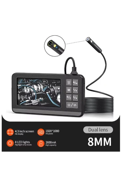 Ekranlı Çift Kameralı 5 Mt Sert Kablo Endoskop Kamera 8 Mm 4.3 Inc Hafıza Kart Destekli - Resim 2