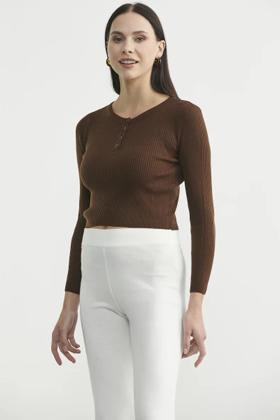 Fitilli Crop Triko Kazak - Kahve - Resim 4