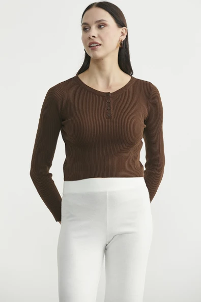 Fitilli Crop Triko Kazak - Kahve - Resim 3