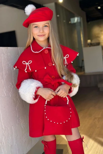 Kız Çocuk Boydan Yakası İnci Taş İşlemeli Şal Detaylı Kemerli Kırmızı Kaşe - 2