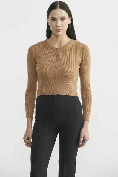 Fitilli Crop Triko Kazak - Karamel ürün görseli