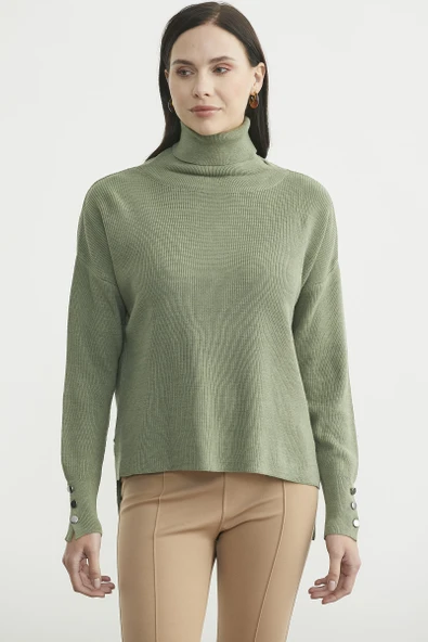 Tam Balıkçı Arkası Uzun Triko Kazak - Çağla Yeşili - Resim 2