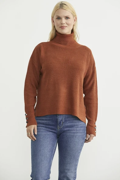 Tam Balıkçı Arkası Uzun Triko Kazak - Kiremit - Resim 2