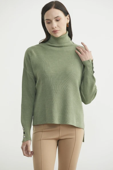 Tam Balıkçı Arkası Uzun Triko Kazak - Çağla Yeşili - Resim 4