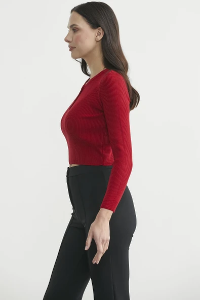 Fitilli Crop Triko Kazak - Kırmızı - Resim 4