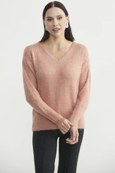 Yumoş V Yaka Basic Triko Kazak - Gül Kurusu - Resim 3